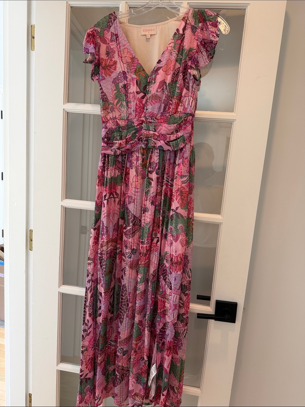 Ciebon Pink Floral Maxi Dress with Green and gold Accents